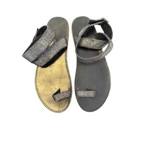 Free People Rhinestone Gladiator Sandals Womens sz 10 Black Leather Flat Buckle